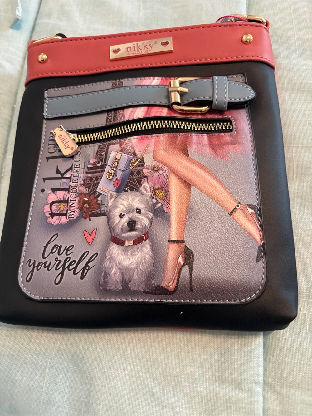 Nicole Lee  Pink & Black Crossbody Bag – 'Love Yourself' Graphic 9”x8”x2”